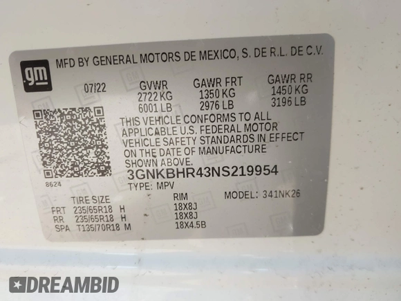 2022 Chevrolet Blazer LT with VIN 3GNKBHR43NS219954, listed as a IAAI auction lot 41849556 with 57,836 mi miles and . Bid and sale history available at DreamBid. Image 9.