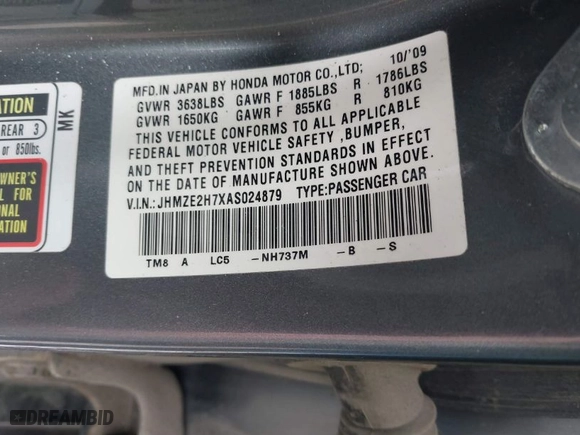 2010 Honda Insight EX with VIN JHMZE2H7XAS024879, listed as a IAAI auction lot 42029553 with 187,648 mi miles. Bid and sale history available at carsss.com. Image 9.