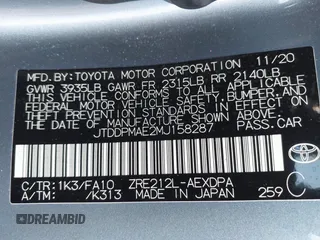 2021 Toyota Corolla L with VIN JTDDPMAE2MJ158287, listed as a IAAI auction lot 41557867 with 56,126 mi miles and . Bid and sale history available at DreamBid. Image 9.