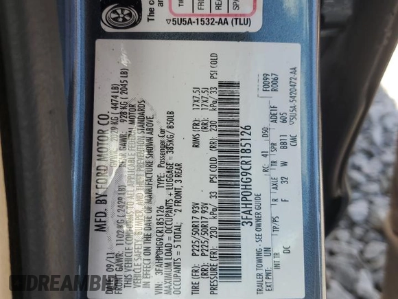 2012 Ford Fusion SE with VIN 3FAHP0HG9CR185126, listed as a Copart auction lot 54880135 with 178,400 mi miles and Non repairable. Bid and sale history available at DreamBid. Image 12.