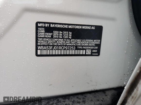 2024 BMW 5 Series 530i xDrive with VIN WBA53FJ01RCP97253, listed as a Copart auction lot 50888795 with 11,985 mi miles and Salvage title. Bid and sale history available at DreamBid. Image 12.