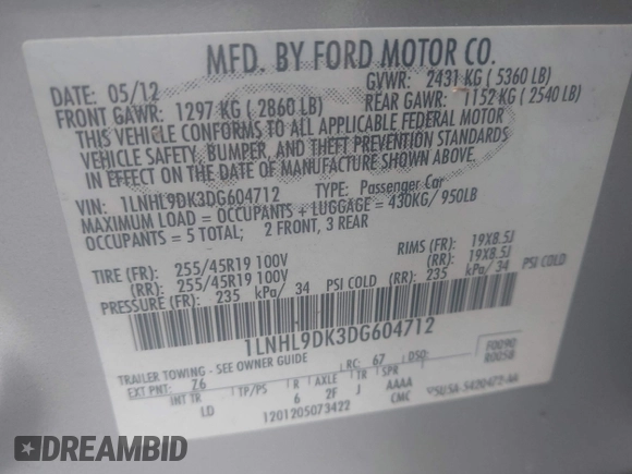 2013 Lincoln MKS с VIN 1LNHL9DK3DG604712, выставлен на аукционе IAAI как лот 42351237 с пробегом 144 927 миль миль и . История ставок и продаж доступна на DreamBid. Изображение 9.