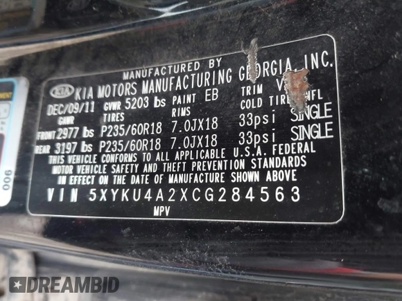 2012 Kia Sorento EX with VIN 5XYKU4A2XCG284563, listed as a IAAI auction lot 41753526 with 206,900 mi miles. Bid and sale history available at carsss.com. Image 9.