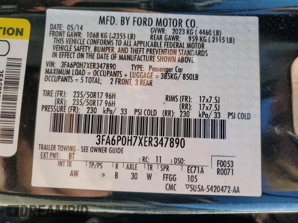 2014 Ford Fusion SE with VIN 3FA6P0H7XER347890, listed as a Copart auction lot 47312695 with 98,375 mi miles and Clean Title. Bid and sale history available at DreamBid. Image 15.