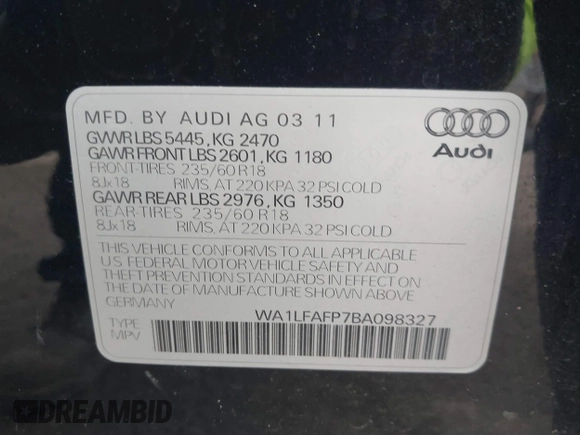 2011 Audi Q5 Premium Plus with VIN WA1LFAFP7BA098327, listed as a IAAI auction lot 42067991 with 108,866 mi miles and . Bid and sale history available at DreamBid. Image 9.