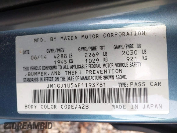 2015 Mazda 6 i Sport with VIN JM1GJ1U54F1193781, listed as a IAAI auction lot 40891523 with 95,196 mi miles. Bid and sale history available at carsss.com. Image 9.