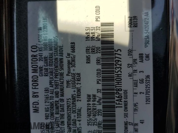 2017 Ford Mustang EcoBoost with VIN 1FA6P8TH0H5329775, listed as a Copart auction lot 43339795 with 60,206 mi miles and Salvage title. Bid and sale history available at DreamBid. Image 12.