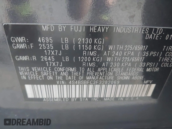 2015 Subaru Outback Premium with VIN 4S4BSBFC3F3282069, listed as a IAAI auction lot 41906486 with 170,385 mi miles and . Bid and sale history available at DreamBid. Image 9.