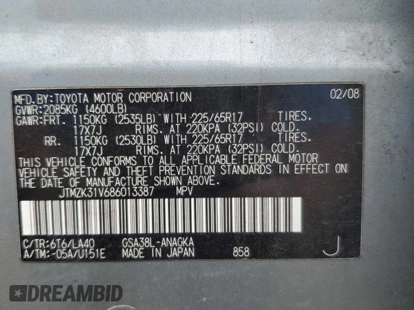 2008 Toyota RAV4 Limited with VIN JTMZK31V686013387, listed as a Copart auction lot 61506625 with 212,571 mi miles and Clean title. Bid and sale history available at DreamBid. Image 13.