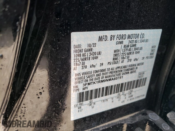 2022 Ford Mustang Mach-E Select with VIN 3FMTK1RM9NMA60751, listed as a Copart auction lot 53185555 with 32,816 mi miles and Salvage title. Bid and sale history available at DreamBid. Image 12.