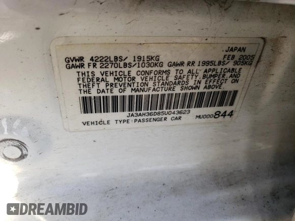 2005 Mitsubishi Lancer z VIN JA3AH36D85U043623, wystawiony jako Copart lot #52597975 z przebiegiem 171 445 mil mil oraz Czysty tytuł • Clean title. Historia ofert i sprzedaży dostępna na DreamBid. Obrazek 12.