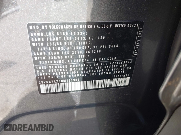 2024 Volkswagen Tiguan SE with VIN 3VVNB7AX6RM161369, listed as a IAAI auction lot 41888229 with 5,173 mi miles and . Bid and sale history available at DreamBid. Image 9.