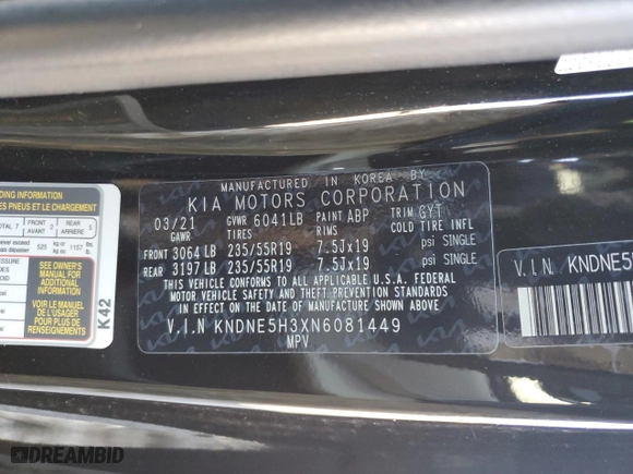 2022 Kia Carnival SX Prestige with VIN KNDNE5H3XN6081449, listed as a Copart auction lot 46453085 with 43,537 mi miles and Salvage Title. Bid and sale history available at carsss.com. Image 13.
