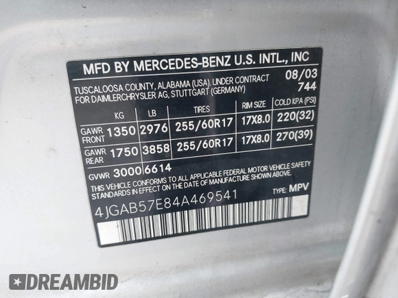 2004 Mercedes-Benz M 350 z VIN 4JGAB57E84A469541, wystawiony jako IAAI lot #42283223 z przebiegiem 128 882 mil mil oraz . Historia ofert i sprzedaży dostępna na DreamBid. Obrazek 9.