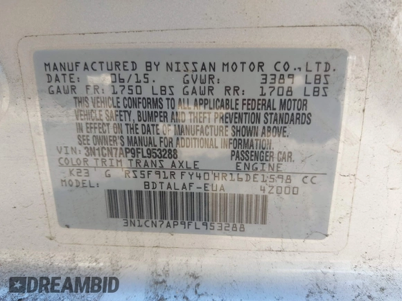 2015 Nissan Versa S Plus with VIN 3N1CN7AP9FL953288, listed as a IAAI auction lot 41574390 with 84,704 mi miles and . Bid and sale history available at DreamBid. Image 9.