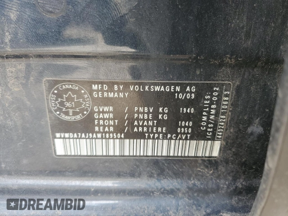 2010 Volkswagen Golf with VIN WVWDA7AJ9AW189504, listed as a Copart auction lot 53516265 with 265,765 mi miles and Salvage title. Bid and sale history available at DreamBid. Image 13.