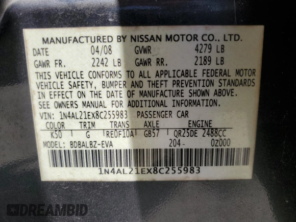 2008 Nissan Altima 2.5 S with VIN 1N4AL21EX8C255983, listed as a Copart auction lot 52327625 with 215,080 mi miles and Salvage Title. Bid and sale history available at carsss.com. Image 12.