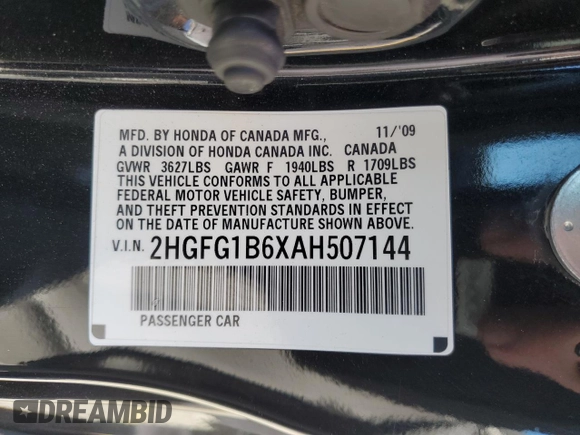 2010 Honda Civic Cpe LX with VIN 2HGFG1B6XAH507144, listed as a Copart auction lot 48334745 with 157,019 mi miles and Salvage Title. Bid and sale history available at carsss.com. Image 13.