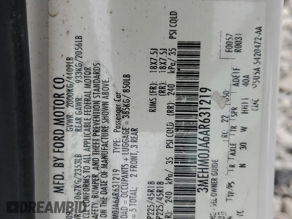 2010 Mercury Milan Premier z VIN 3MEHM0JA6AR631219, wystawiony jako Copart lot #58241505 z przebiegiem 140 037 mil mil oraz Szkody całkowita. Historia ofert i sprzedaży dostępna na DreamBid. Obrazek 12.