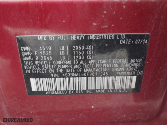 2015 Subaru Legacy 2.5i Limited with VIN 4S3BNAL60F3011345, listed as a IAAI auction lot 41794417 with 118,594 mi miles. Bid and sale history available at carsss.com. Image 9.
