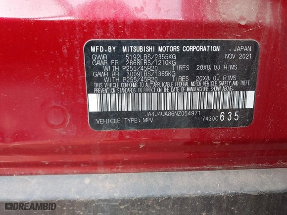 2022 Mitsubishi Outlander SE with VIN JA4J4UA86NZ054971, listed as a IAAI auction lot 41584819 with 59,194 mi miles. Bid and sale history available at carsss.com. Image 9.