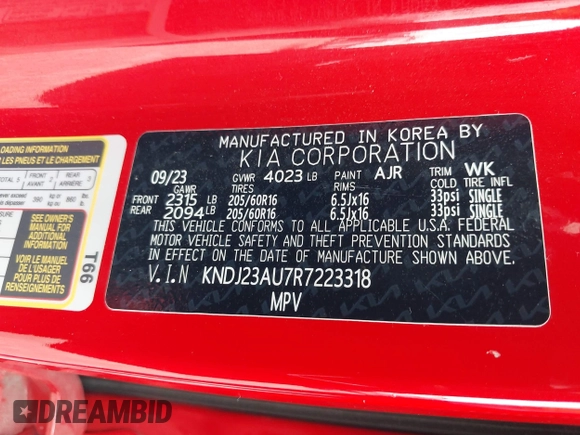 2024 Kia Soul S with VIN KNDJ23AU7R7223318, listed as a IAAI auction lot 41970873 with 26,881 mi miles and . Bid and sale history available at DreamBid. Image 9.