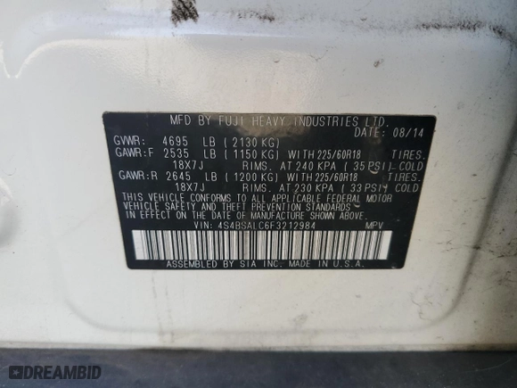 2015 Subaru Outback 2.5i Limited with VIN 4S4BSALC6F3212984, listed as a Copart auction lot 51869955 with 184,677 mi miles and Salvage Title. Bid and sale history available at carsss.com. Image 12.