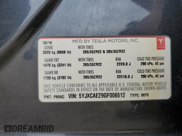 2016 Tesla Model X 70D z VIN 5YJXCAE29GF006512, wystawiony jako Copart lot #57517885 z przebiegiem Nie podano mil oraz Szkoda całkowita • Salvage title. Historia ofert i sprzedaży dostępna na DreamBid. Obrazek 14.