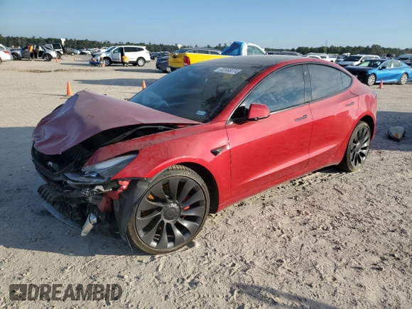 2023 Tesla Model 3 Performance with VIN 5YJ3E1EC7PF486616, listed as a Copart auction lot 82368074 with 32,724 mi miles and Salvage Title. Bid and sale history available at carsss.com. Image 1.