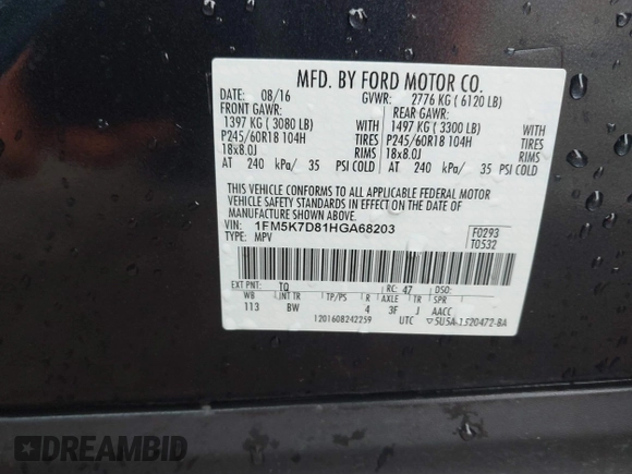2017 Ford Explorer XLT with VIN 1FM5K7D81HGA68203, listed as a IAAI auction lot 41908625 with 98,996 mi miles and . Bid and sale history available at carsss.com. Image 9.