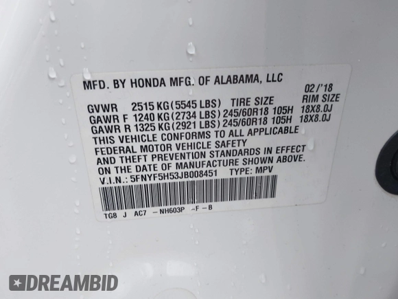 2018 Honda Pilot EX-L with VIN 5FNYF5H53JB008451, listed as a IAAI auction lot 41589526 with 69,694 mi miles. Bid and sale history available at carsss.com. Image 9.
