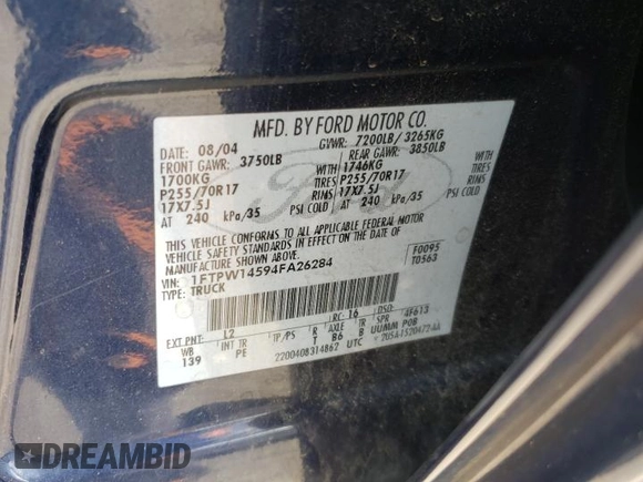 2004 Ford F-150 XLT with VIN 1FTPW14594FA26284, listed as a Copart auction lot 59796025 with 167,951 mi miles and Clean title. Bid and sale history available at DreamBid. Image 12.