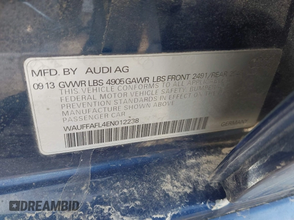 2014 Audi A4 Premium Plus with VIN WAUFFAFL4EN012238, listed as a IAAI auction lot 41775539 with 161,349 mi miles. Bid and sale history available at carsss.com. Image 9.