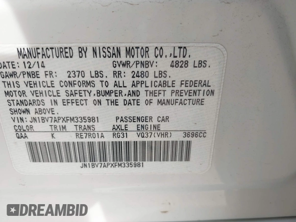 2015 Infiniti Q50 z VIN JN1BV7APXFM335981, wystawiony jako IAAI lot #41718555 z przebiegiem 83 918 mil mil oraz . Historia ofert i sprzedaży dostępna na DreamBid. Obrazek 9.