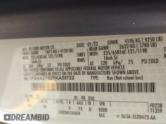 2023 Ford Transit Passenger XL с VIN 1FBAX2Y82PKA55722, выставлен на аукционе IAAI как лот 42240587 с пробегом 42 172 миль миль и . История ставок и продаж доступна на DreamBid. Изображение 9.