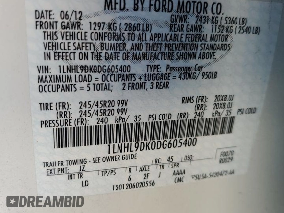 2013 Lincoln MKS z VIN 1LNHL9DK0DG605400, wystawiony jako Copart lot #77071034 z przebiegiem 73 450 mil mil oraz Szkoda całkowita • Salvage title. Historia ofert i sprzedaży dostępna na DreamBid. Obrazek 14.