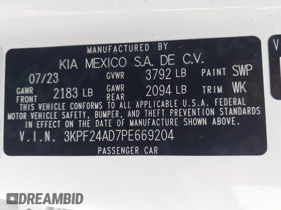2023 Kia Forte LXS with VIN 3KPF24AD7PE669204, listed as a IAAI auction lot 41915744 with 17,413 mi miles and . Bid and sale history available at DreamBid. Image 9.