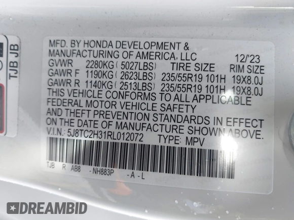 2024 Acura RDX with VIN 5J8TC2H31RL012072, listed as a IAAI auction lot 41583192 with 8,785 mi miles and . Bid and sale history available at DreamBid. Image 9.