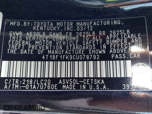 2012 Toyota Camry L with VIN 4T1BF1FK9CU078792, listed as a IAAI auction lot 41706353 with 135,515 mi miles and . Bid and sale history available at carsss.com. Image 9.