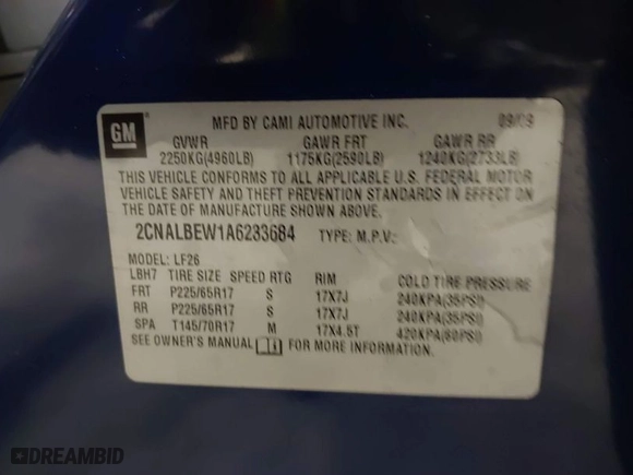 2010 Chevrolet Equinox LS with VIN 2CNALBEW1A6233684, listed as a IAAI auction lot 41948204 with 111,861 mi miles. Bid and sale history available at carsss.com. Image 9.