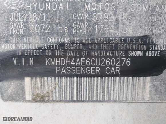2012 Hyundai Elantra GLS with VIN KMHDH4AE6CU260276, listed as a IAAI auction lot 41987803 with 244,326 mi miles. Bid and sale history available at carsss.com. Image 9.
