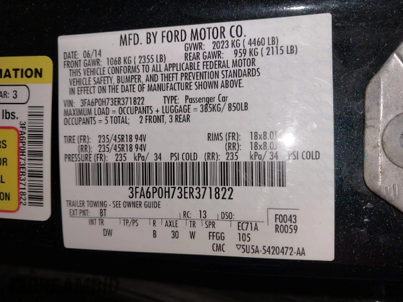 2014 Ford Fusion SE with VIN 3FA6P0H73ER371822, listed as a IAAI auction lot 41392186 with 92,824 mi miles. Bid and sale history available at carsss.com. Image 9.