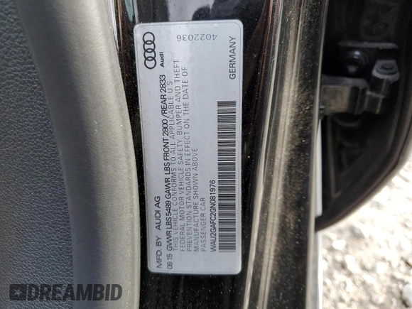 2016 Audi A7 3.0 Prestige with VIN WAU2GAFC2GN081976, listed as a Copart auction lot 37105604 with 76,966 mi miles. Bid and sale history available at carsss.com. Image 14.