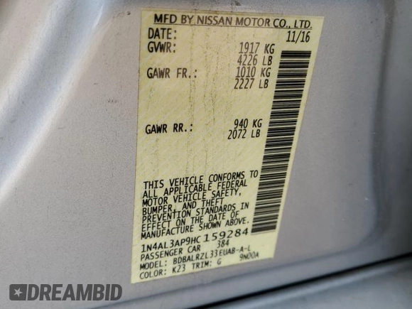 2017 Nissan Altima SV with VIN 1N4AL3AP9HC159284, listed as a Copart auction lot 50155335 with 121,360 mi miles and Salvage title. Bid and sale history available at DreamBid. Image 12.