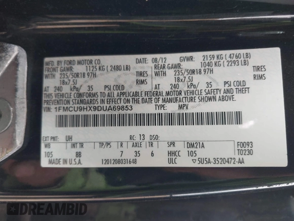 2013 Ford Escape SEL with VIN 1FMCU9HX9DUA69853, listed as a IAAI auction lot 42037021 with 132,166 mi miles and . Bid and sale history available at DreamBid. Image 9.
