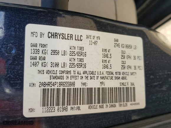 2008 Chrysler Town & Country Touring with VIN 2A8HR54P18R655808, listed as a Copart auction lot 51551485 with 159,450 mi miles and Salvage Title. Bid and sale history available at carsss.com. Image 14.