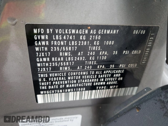 2009 Volkswagen Tiguan with VIN WVGCV75N19W511508, listed as a Copart auction lot 49271355 with 143,197 mi miles and Clean Title. Bid and sale history available at DreamBid. Image 13.