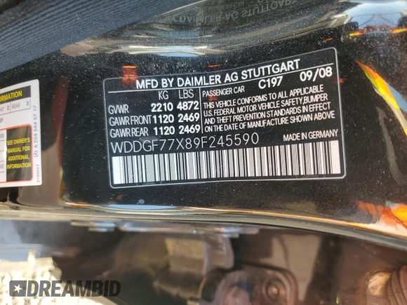 2009 Mercedes-Benz C 63 AMG with VIN WDDGF77X89F245590, listed as a Copart auction lot 75036764 with 243,430 mi miles and Salvage Title. Bid and sale history available at DreamBid. Image 12.