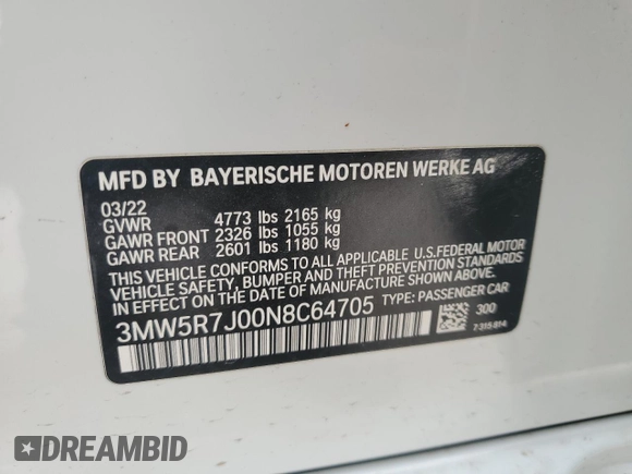 2022 BMW 3 Series 330i xDrive with VIN 3MW5R7J00N8C64705, listed as a Copart auction lot 48624285 with 12,143 mi miles and Salvage Title. Bid and sale history available at carsss.com. Image 12.