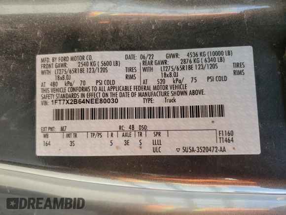 2022 Ford F-250 XL с VIN 1FT7X2B64NEE80030, выставлен на аукционе Copart как лот 55567565 с пробегом 71 108 миль миль и Списание • Salvage title. История ставок и продаж доступна на DreamBid. Изображение 13.